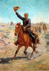 Painting shows white man on horse back raising his hat with open mouth. The background shows out of focus large crowd of Indigenous people on foot following him.