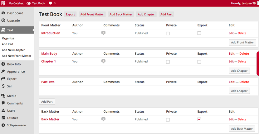 Organizing parts in Pressbooks