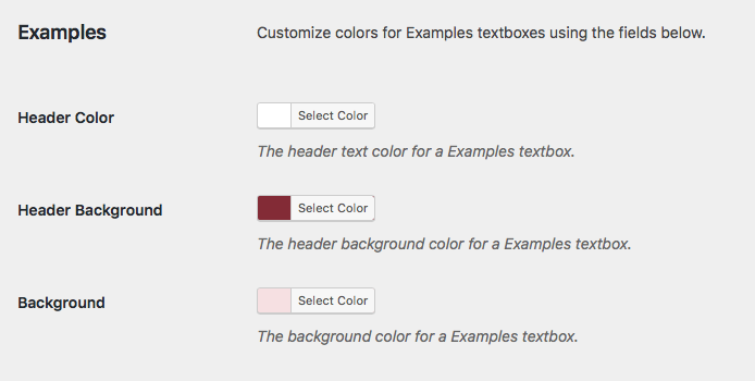 Color Customization options for the Examples textbox on the Global Theme Options page.