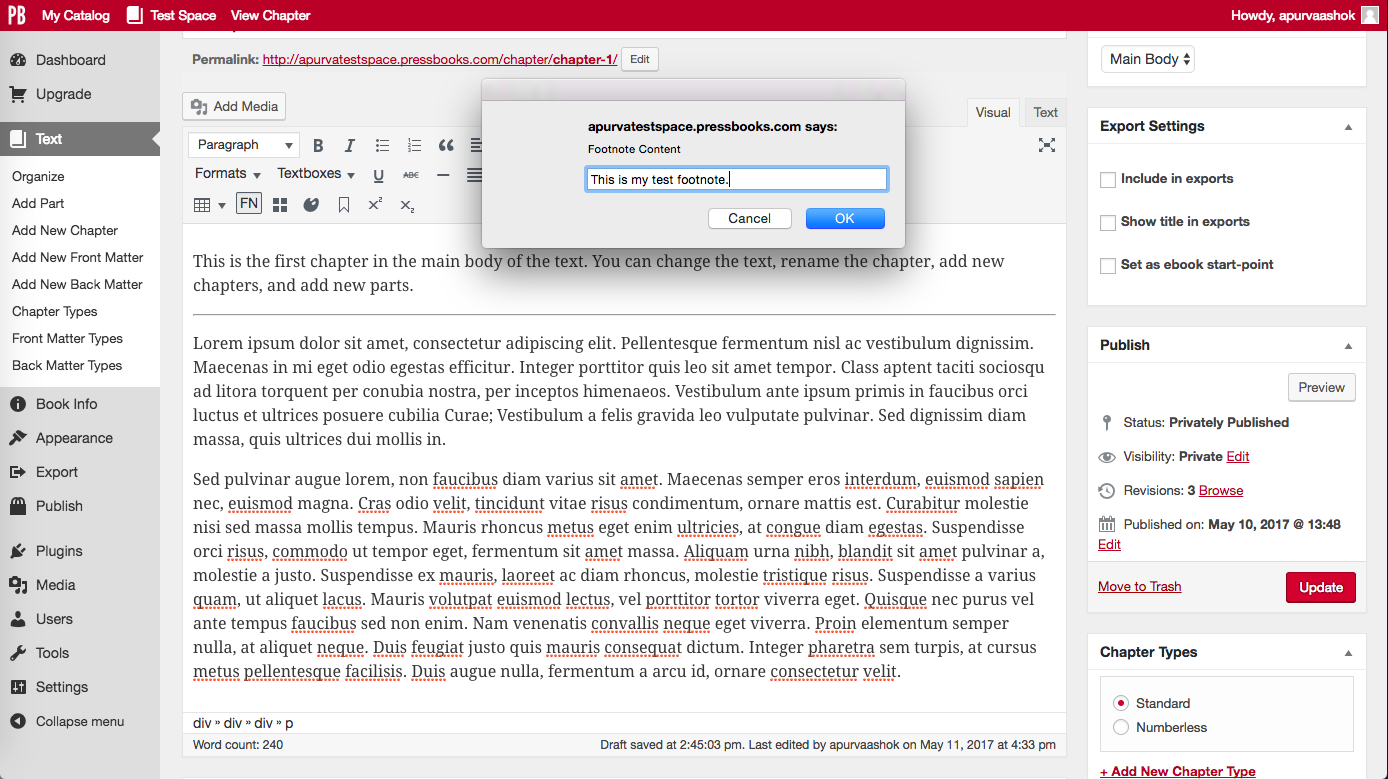 Click "FN" button and type footnote into pop-up window