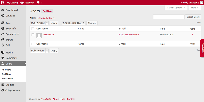 All Users screen in Pressbooks