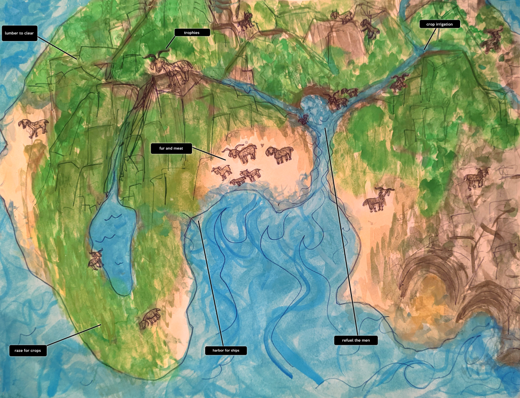 Two identical watercolor sketches of lush green island with bright blue waters, sandy beaches, and rocky mountains, all populated by varieties of goats. The first image has labels on parts of the island from the perspective of the goats, and the second image has those same parts of the island labelled from Odysseus’s perspective.