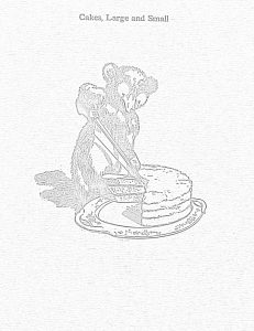 An outline of a bear cutting a cake with a knife. Text above it says, "Cakes, Large and Small."
