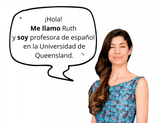 Image of UQ teacher with an introduction in a speech bubble