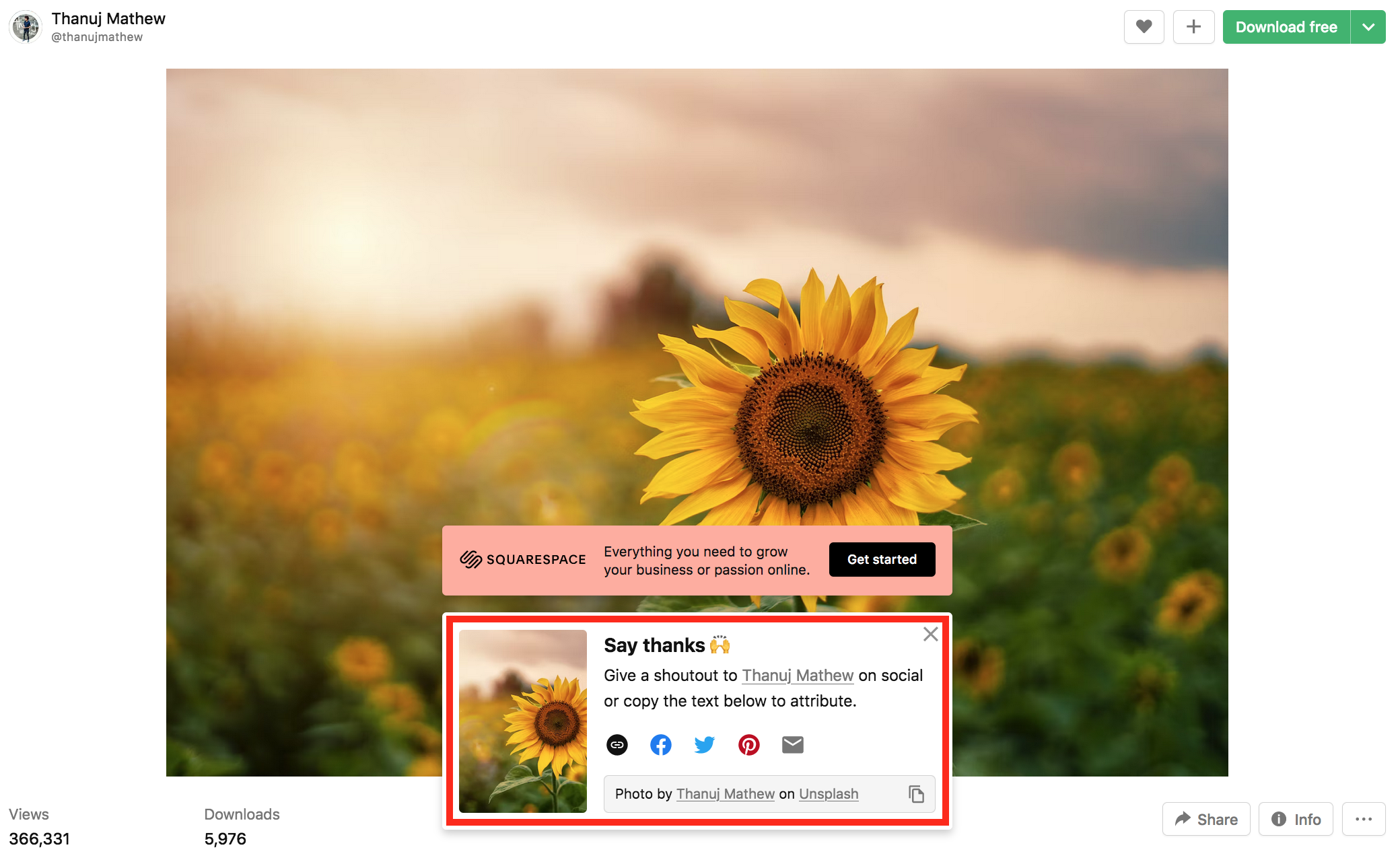 Unsplash dialog box with attribution info
